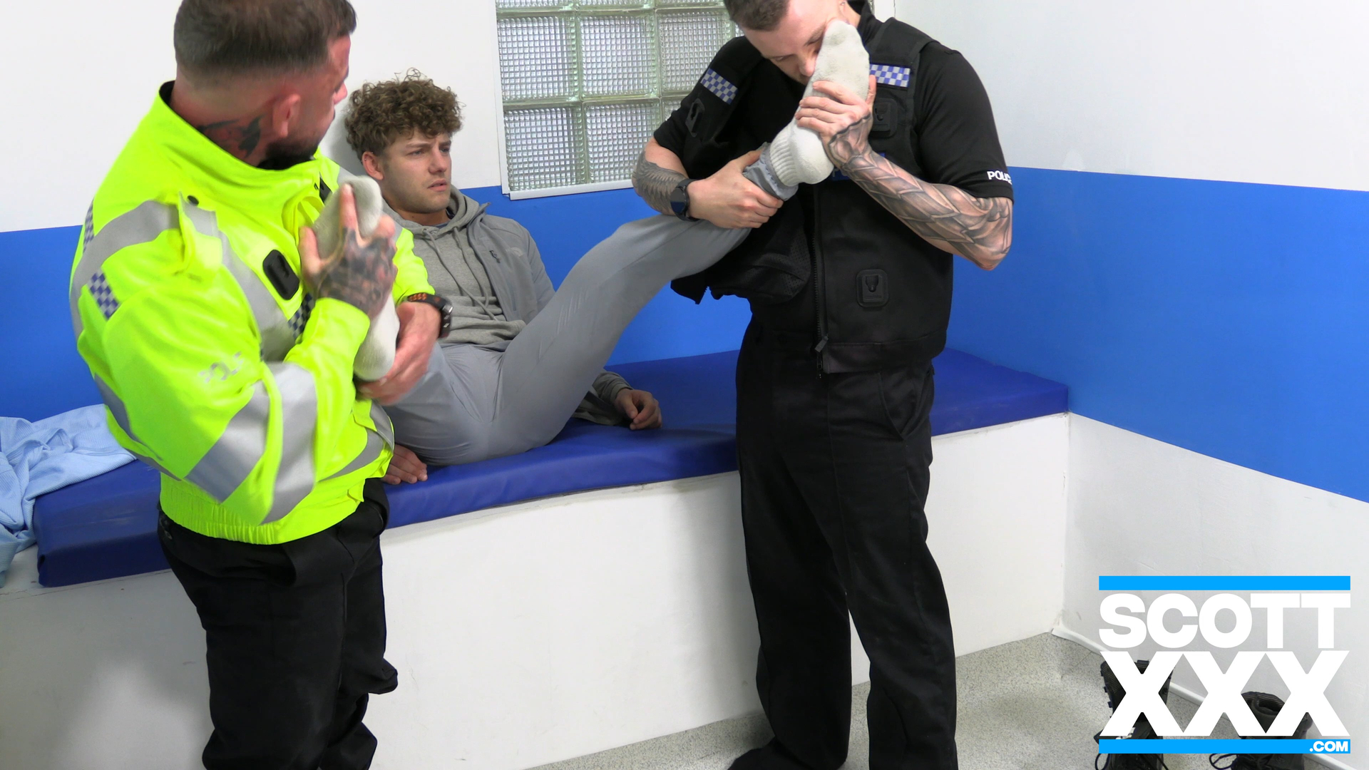 Policeman sniffs a fit scally lads smelly sweaty stinky white socks