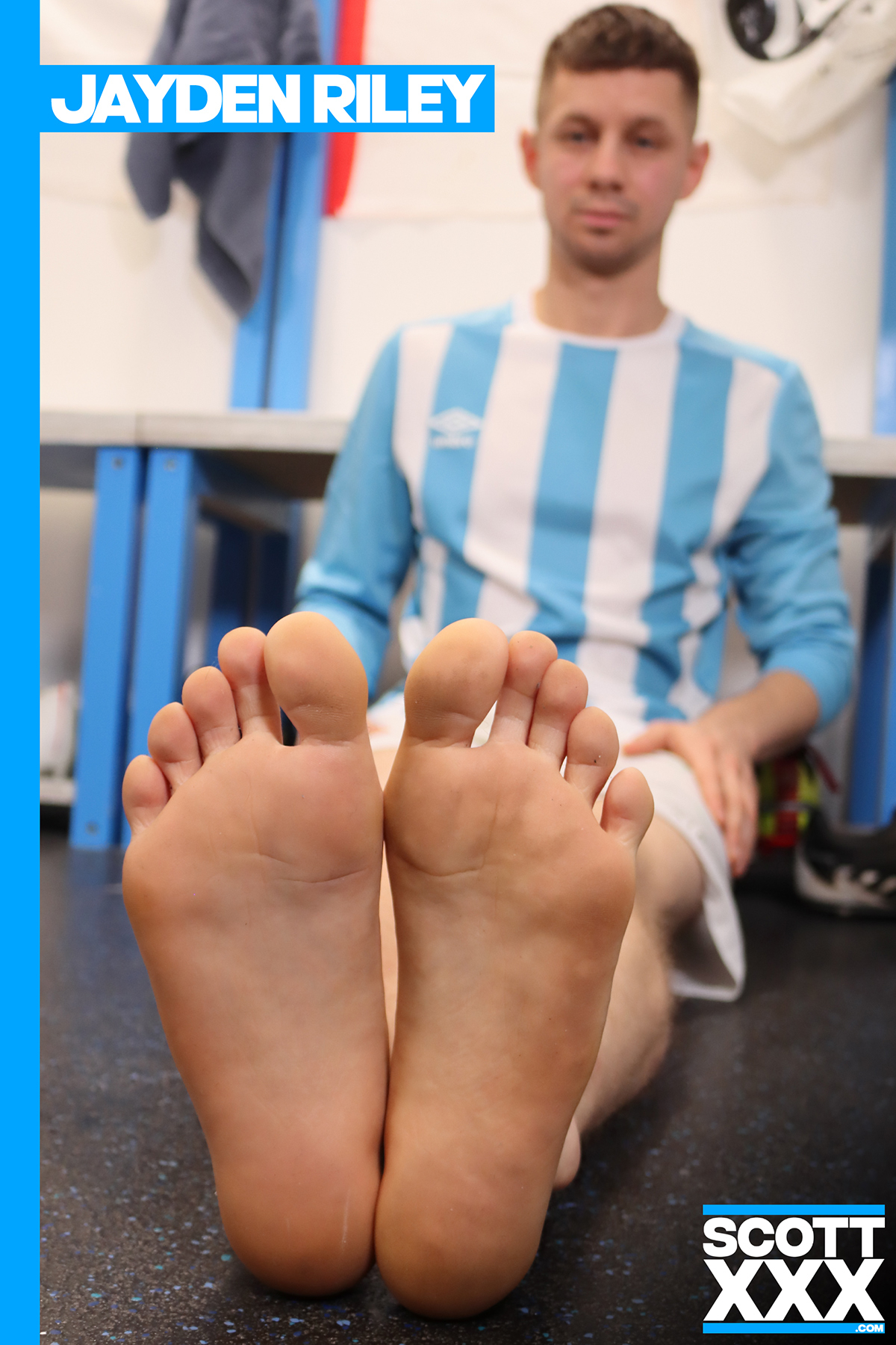 Soft sweaty soles of a footballer's bare feet - locker room fetish gay content